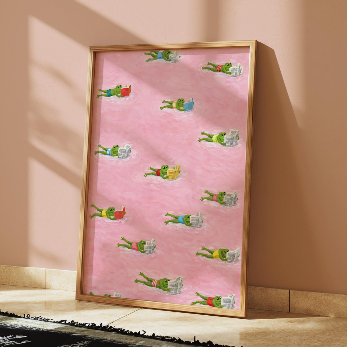 Tiny Frogs Reading Books Pink Pool Poster Funny Swimming Frogs Art