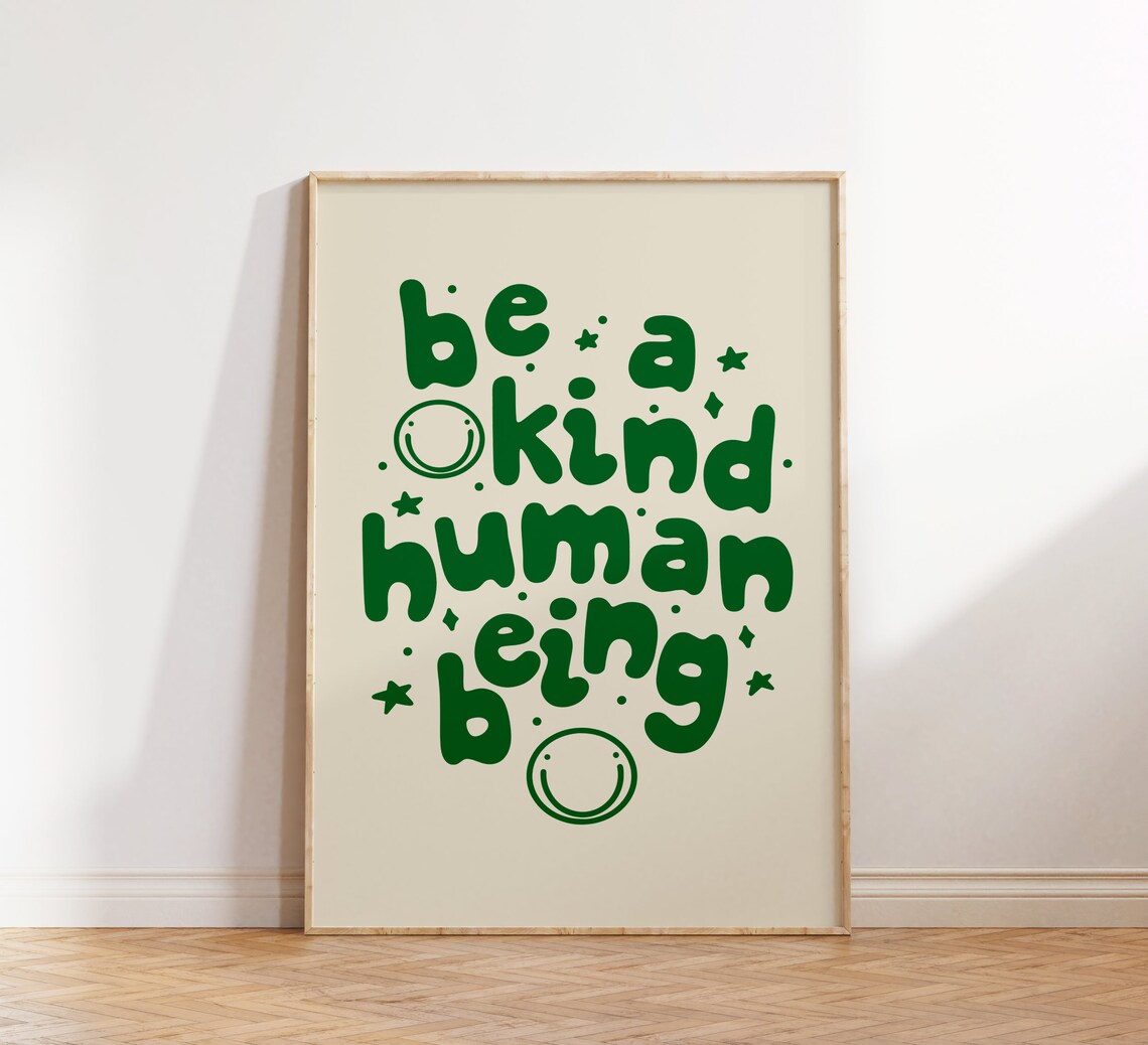 Be A Kind Human Being Green Retro Smiley Face Inspirational Poster - Image 3