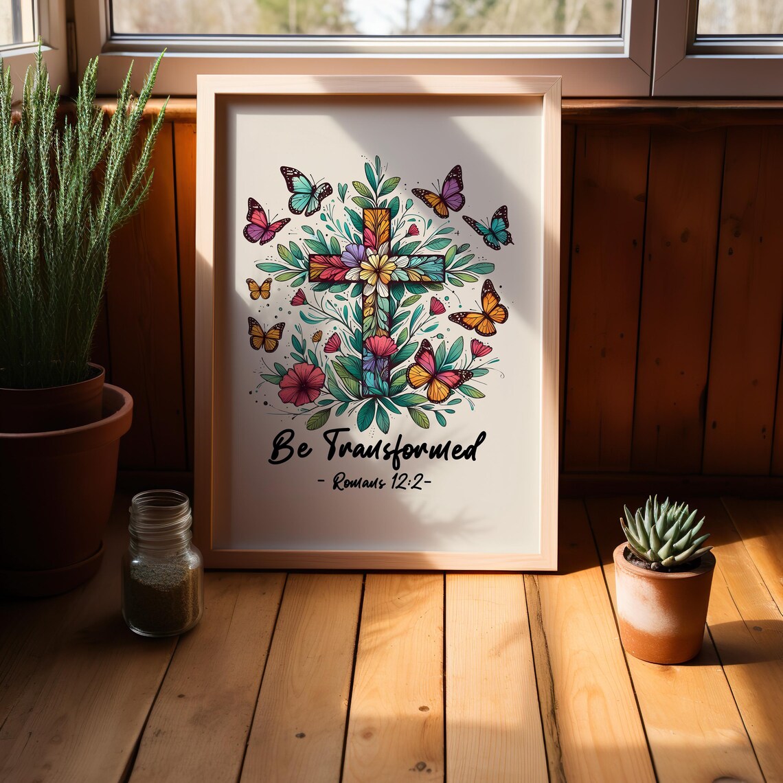 Be Transformed Romans 12:2 Floral Cross Butterfly Christian Poster - Image 3