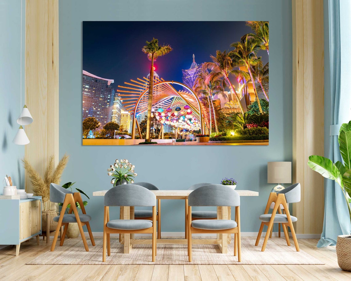Macau Night Scene with Palm Trees Lit Archway Casino Lights Poster - Image 3