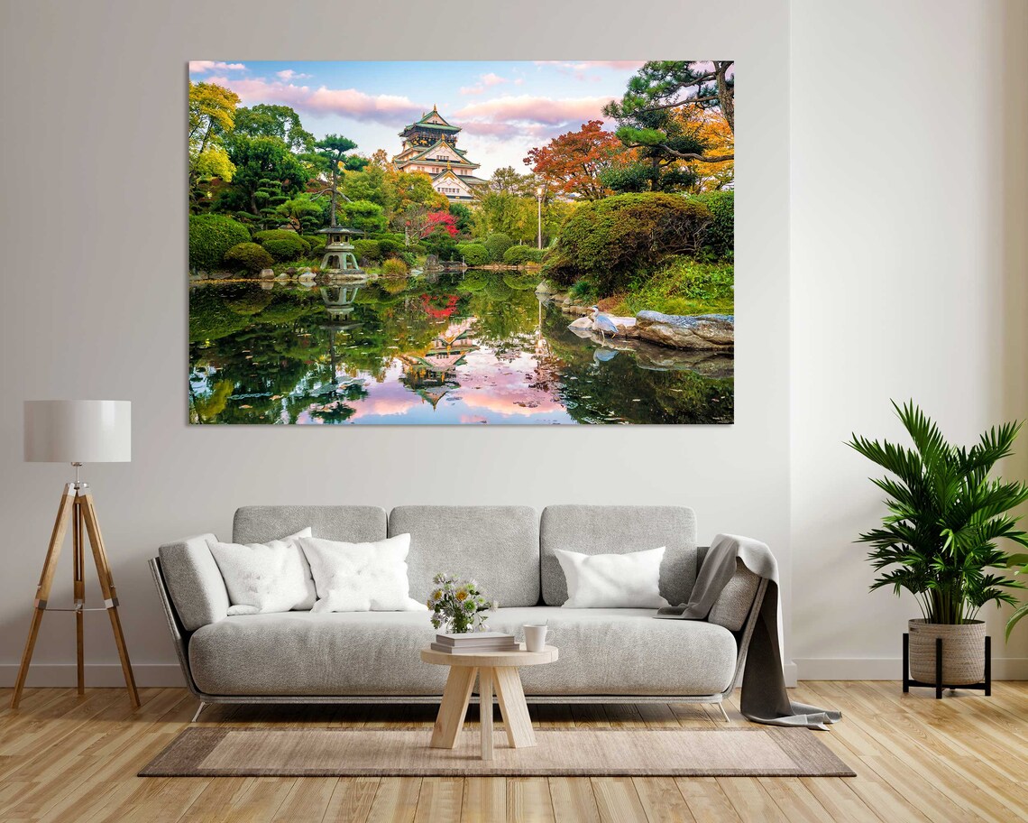 Osaka Castle Japan Autumn Garden Pond Reflection Travel Poster
