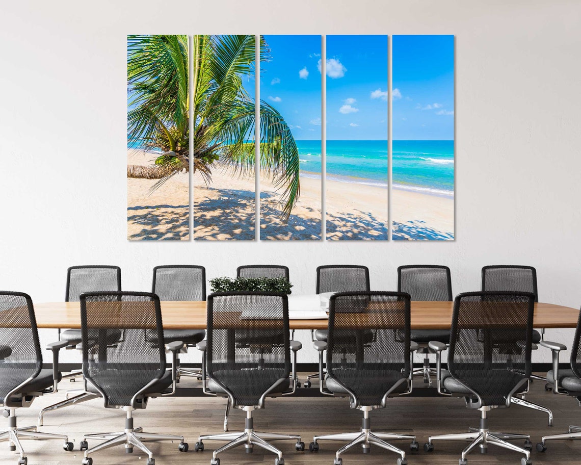 Sunny Tropical Beach Leaning Palm Tree Turquoise Ocean Travel Poster - Image 4