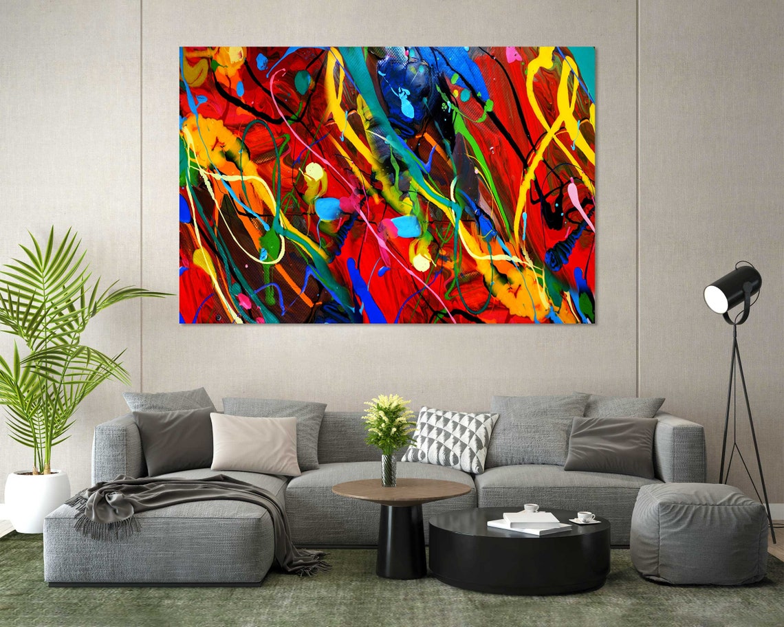 Colorful Abstract Acrylic Paint Splatter Red Blue Modern Art Poster - Image 6