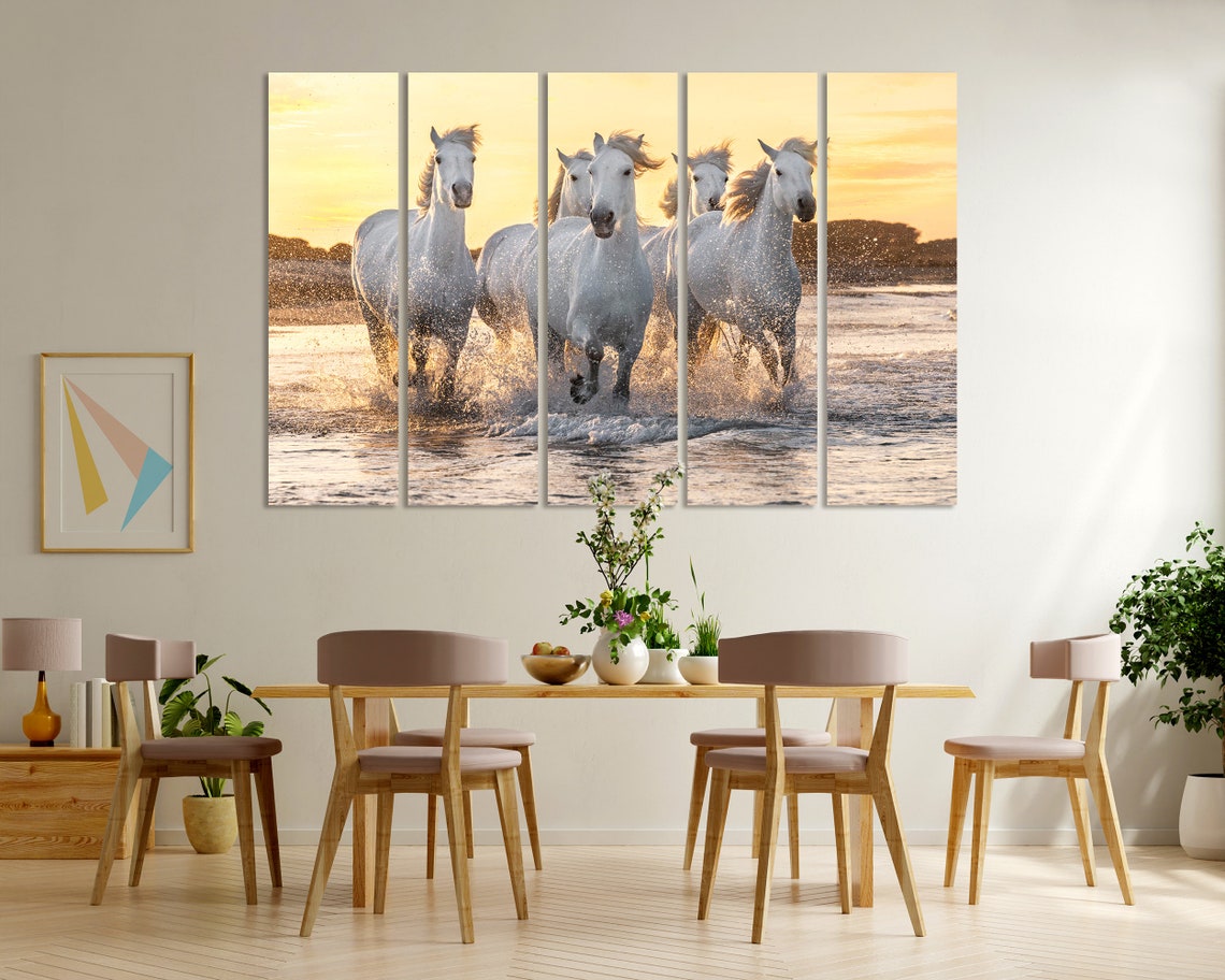 White Horses Galloping Through Water at Golden Sunset Horse Poster - Image 6