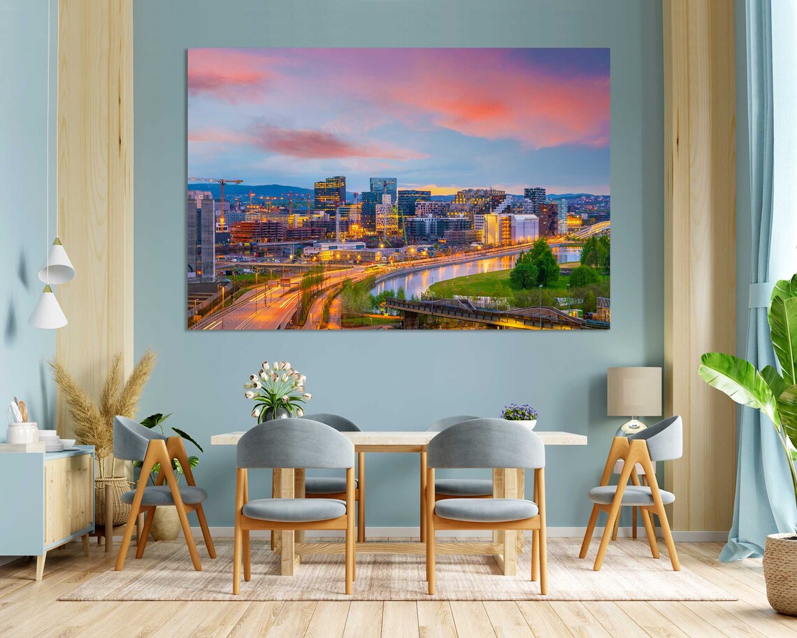 Oslo Norway Night Cityscape With Pink Sunset Sky Harbor Lights Poster - Image 3