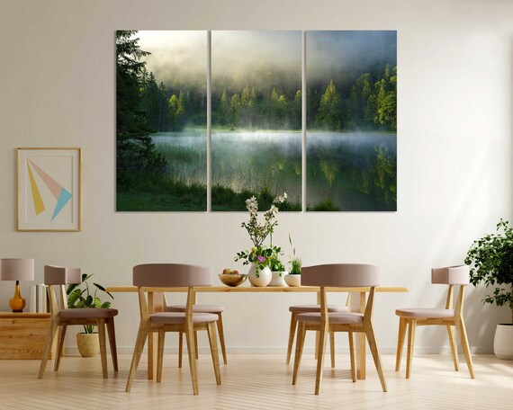 Foggy Morning In Forest With Lake Print Art Foggy Lake Pictures Art Decor Green Forest Design Art For Wall Morning Landscape Art