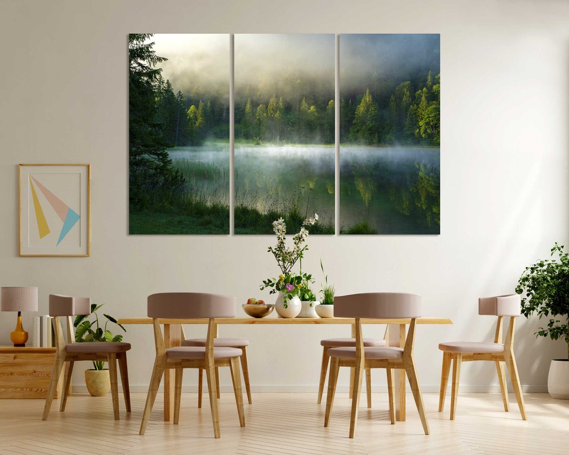 Foggy Morning In Forest With Lake Print Art Foggy Lake Pictures Art Decor Green Forest Design Art For Wall Morning Landscape Art