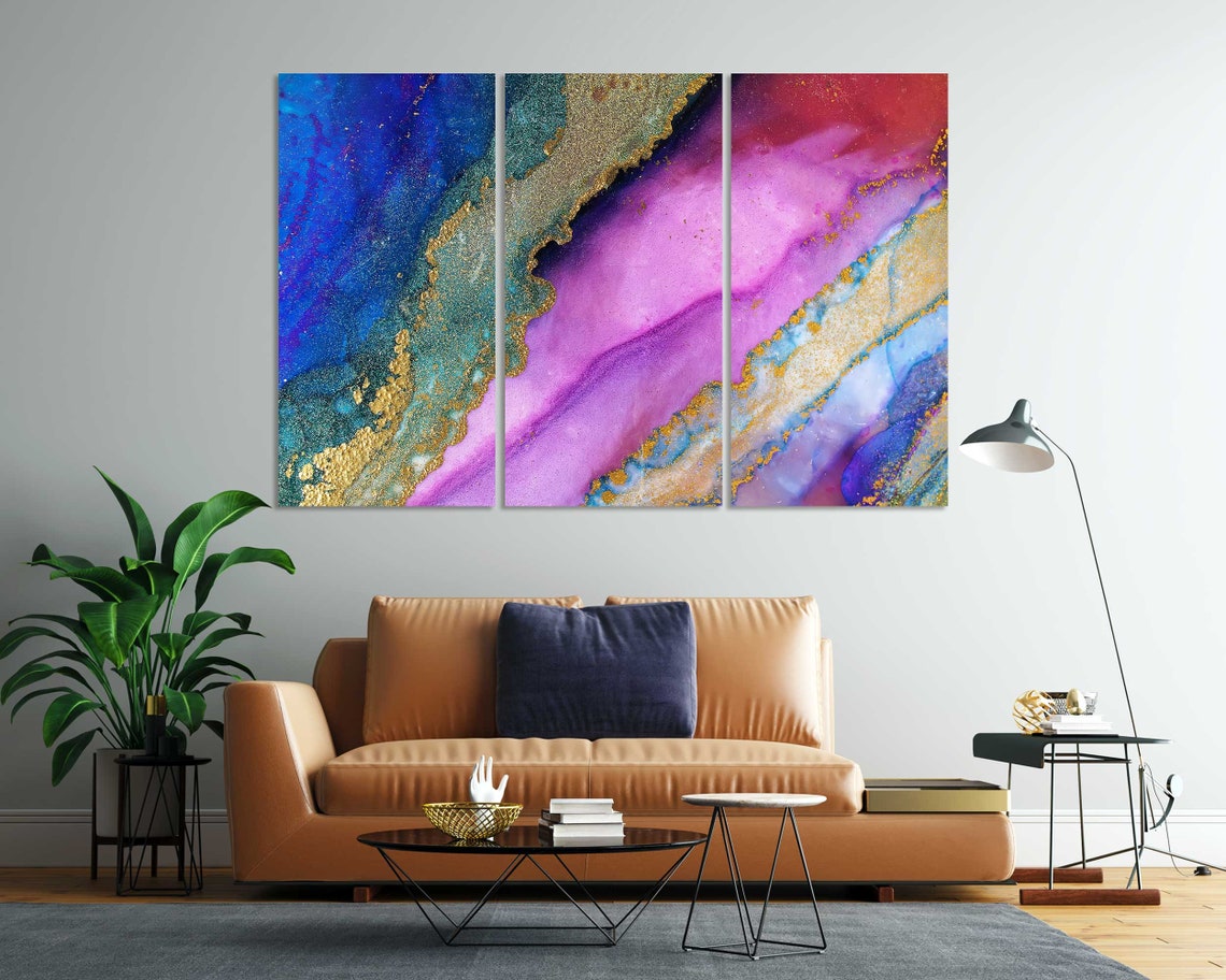 Purple Pink Blue Gold Diagonal Marble Ink Flow Wall Art Poster - Image 7