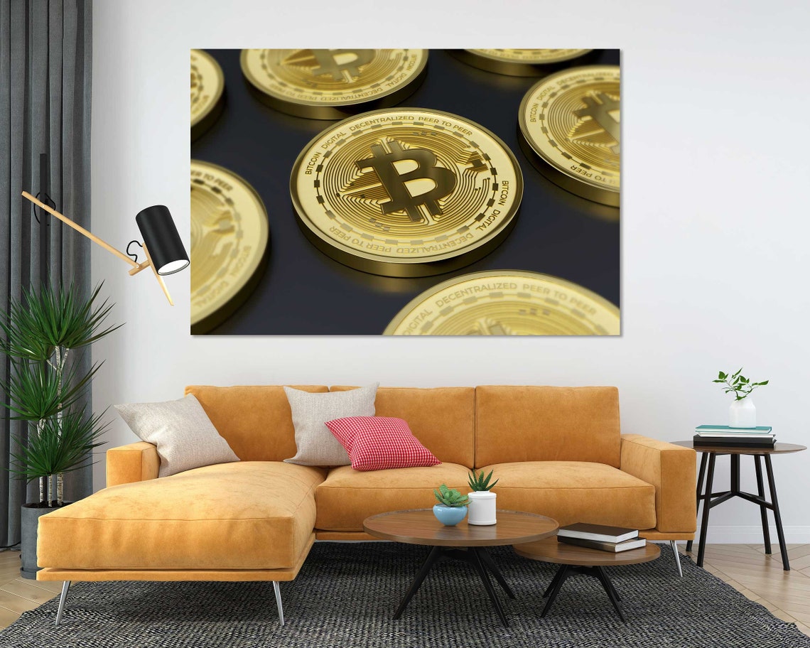 Golden Bitcoin Coins Close Up Cryptocurrency Digital Money Art Poster