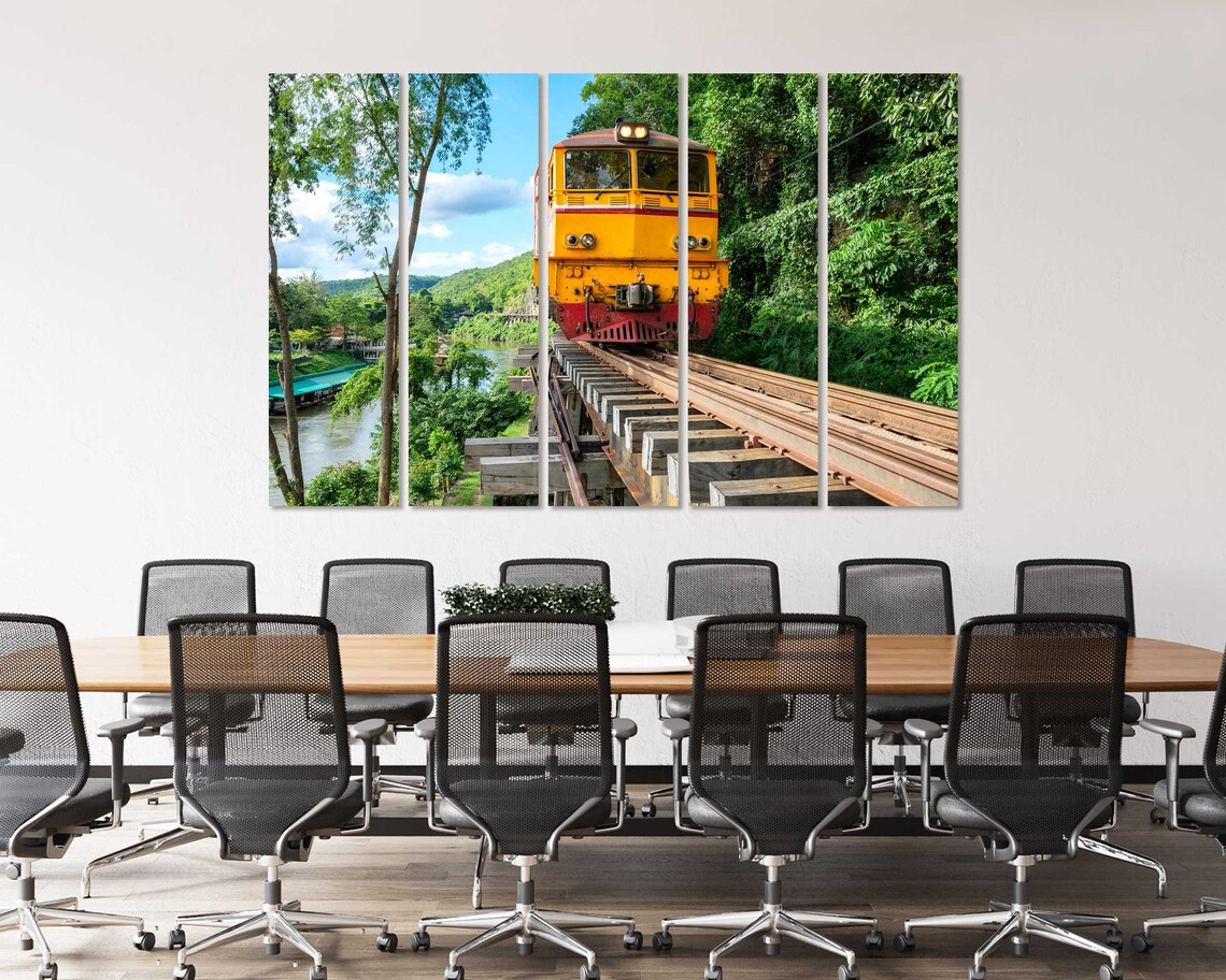 Yellow Train Crossing Wooden Trestle Bridge Jungle River Travel Print - Image 4