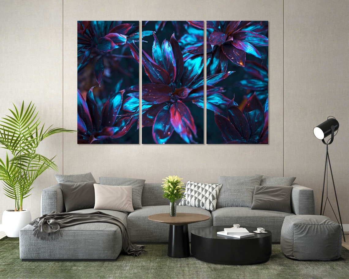 Neon Blue And Purple Tropical Leaves Dark Botanical Wall Art - Image 2