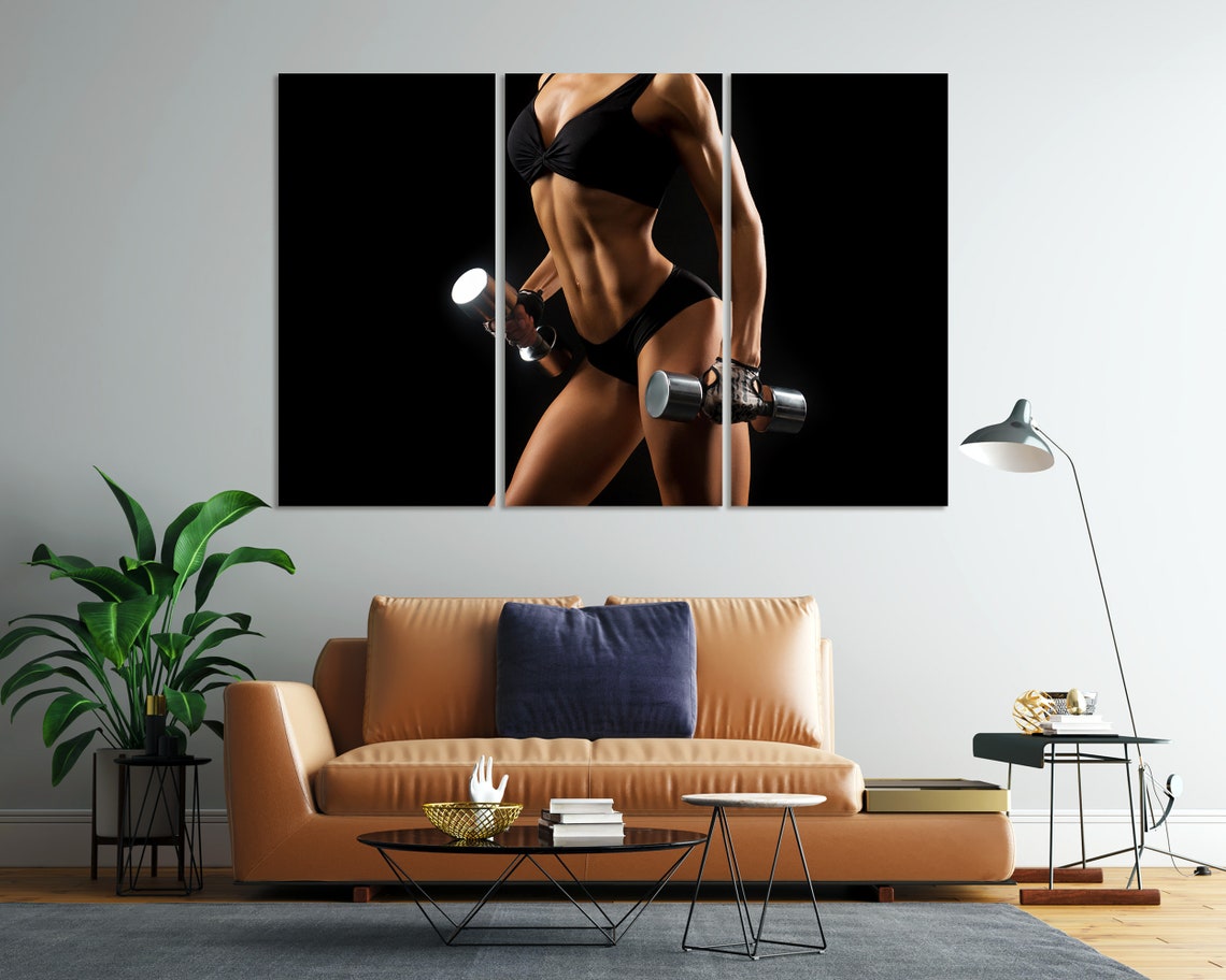 Women With Dumbbells Wall Decoration Gym Modern Art Wall Fitness Motivational Art Wall Woman Body Art On Dumbbells Photo Decor