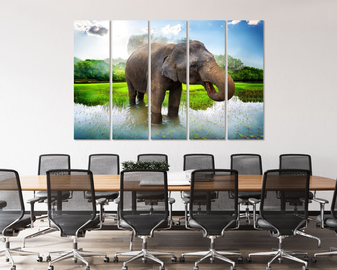 Asian Elephant Standing in Pond Green Field Mist Wildlife Poster - Image 4
