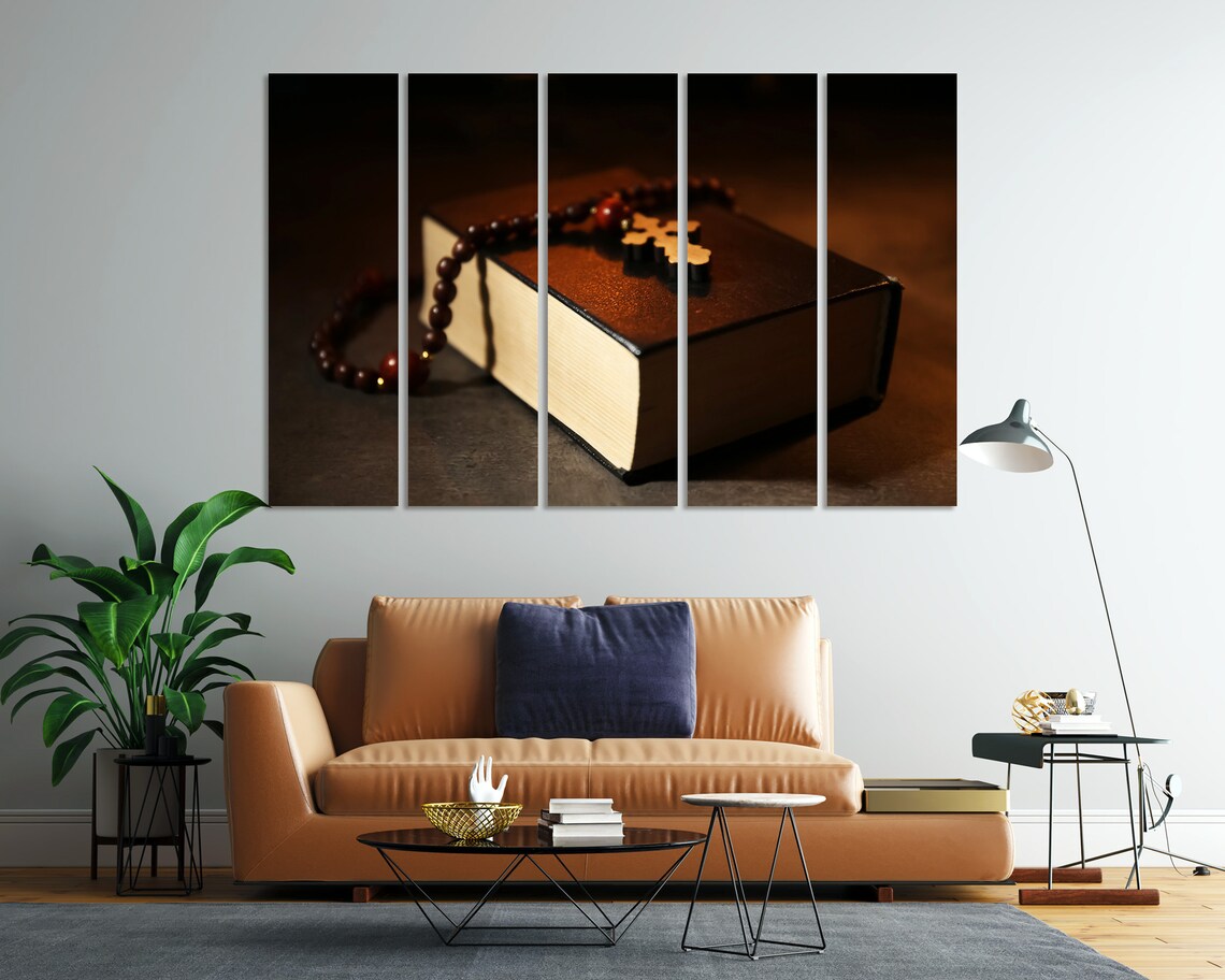 Rosary Beads And Wooden Cross On Bible Dark Warm Light Spiritual Poster - Image 7