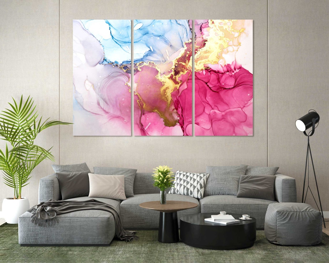 Elegant Pink Blue Gold Abstract Ink Swirls Modern Fluid Art Poster - Image 8