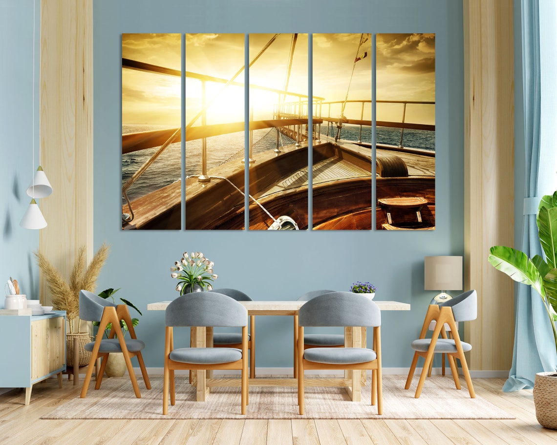 Wooden Sailboat Bow At Golden Sunset Over Open Sea Photo Poster - Image 3