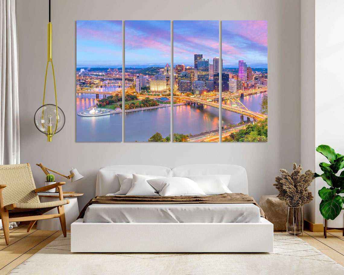 Pittsburgh Skyline Evening Fountain Bridges Golden Dusk City Poster - Image 7