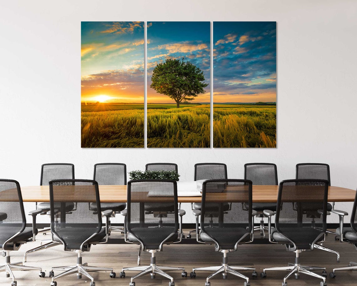 Lone Tree Golden Wheat Field Sunset Dramatic Clouds Nature Poster - Image 5