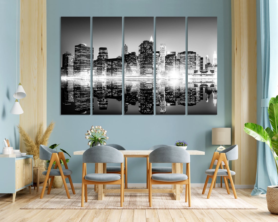 New York City Night Skyline Black White Mirrored Reflection Poster - Image 3