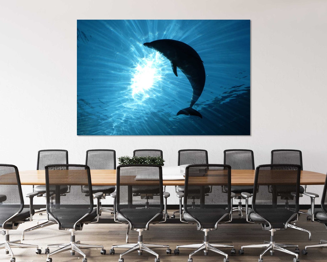 Dolphin Silhouette Leaping Under Sunbeams Ocean Blue Wall Poster - Image 4