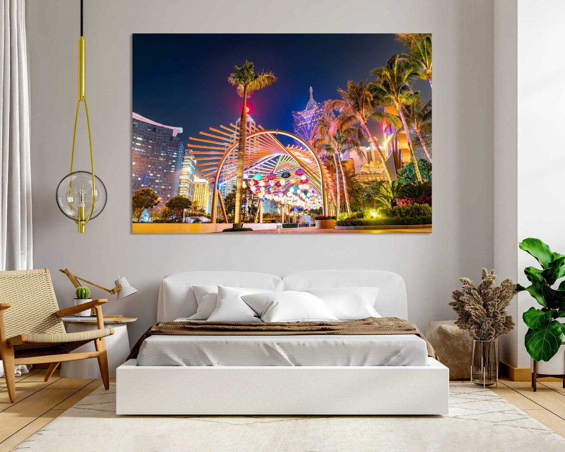 Macau Night Scene with Palm Trees Lit Archway Casino Lights Poster