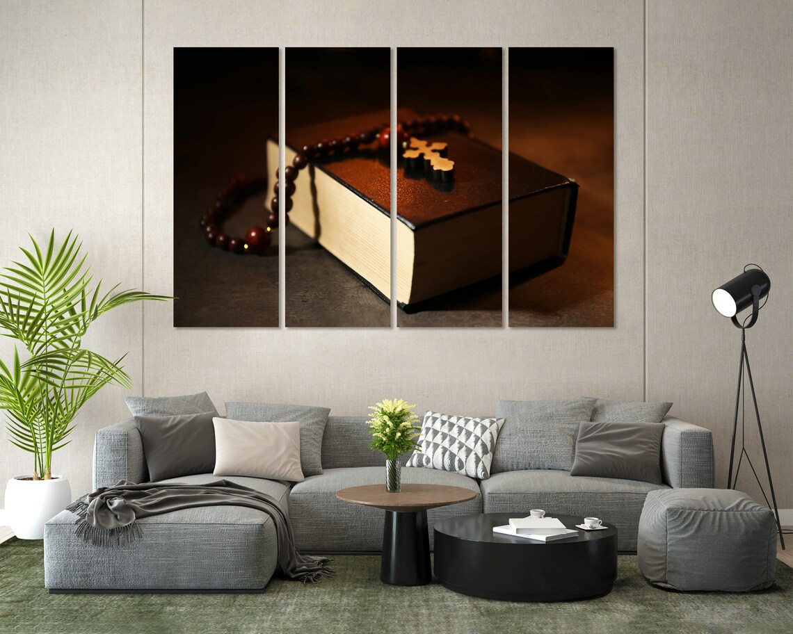 Rosary Beads And Wooden Cross On Bible Dark Warm Light Spiritual Poster - Image 8