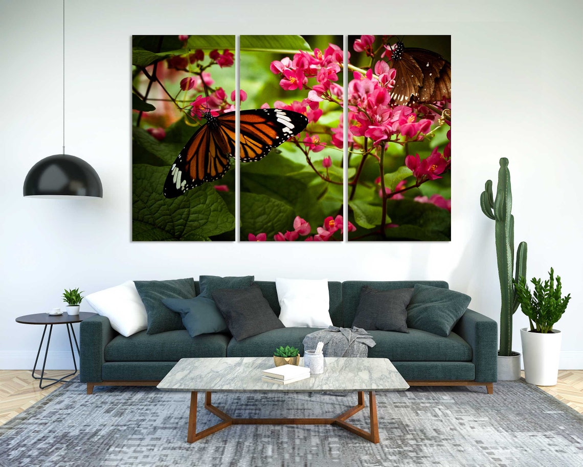 Monarch Butterfly On Pink Flowers Garden Close Up Nature Wall Art - Image 2
