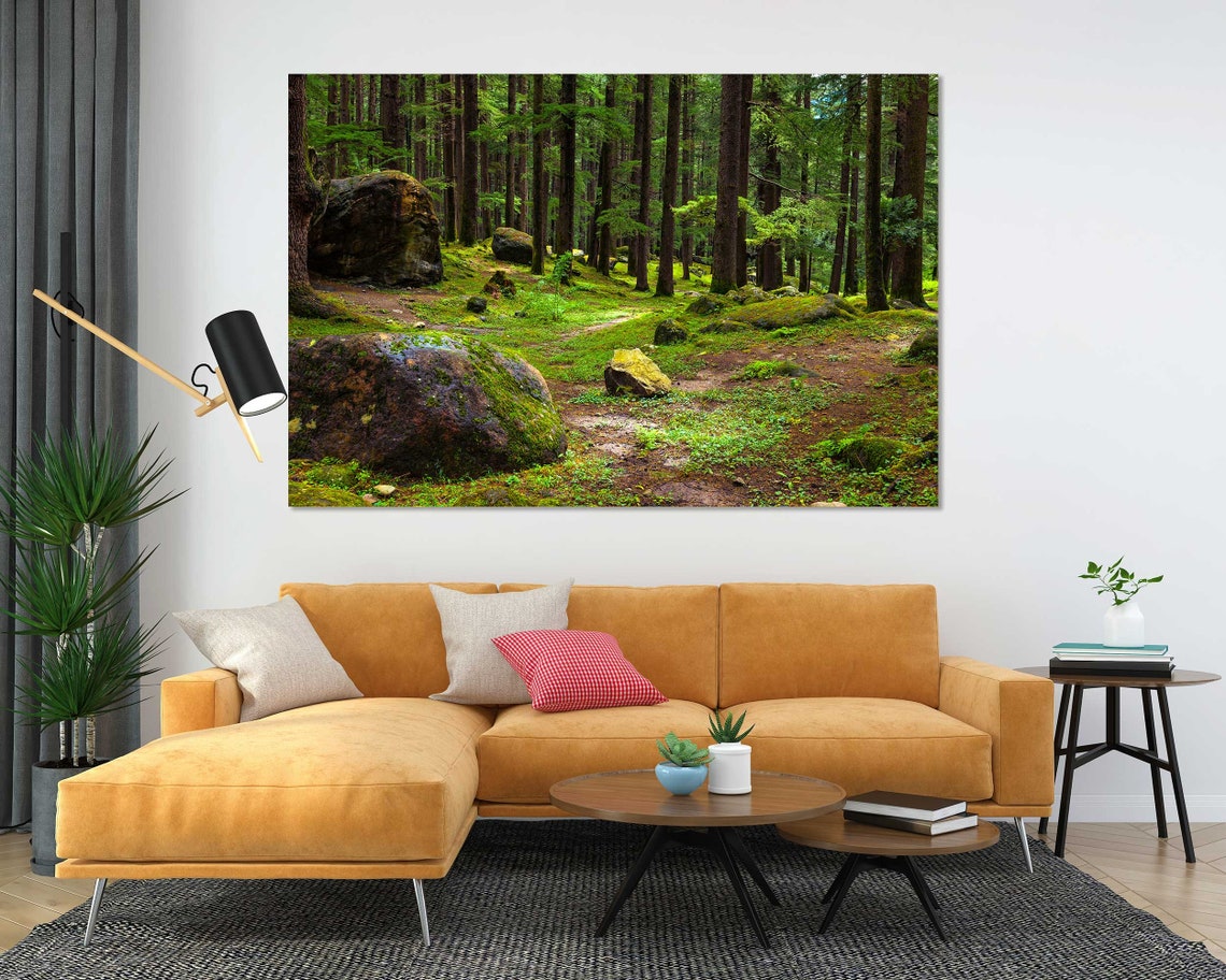 Mossy Pine Forest With Boulders Triptych Three Panel Nature Wall Art - Image 2