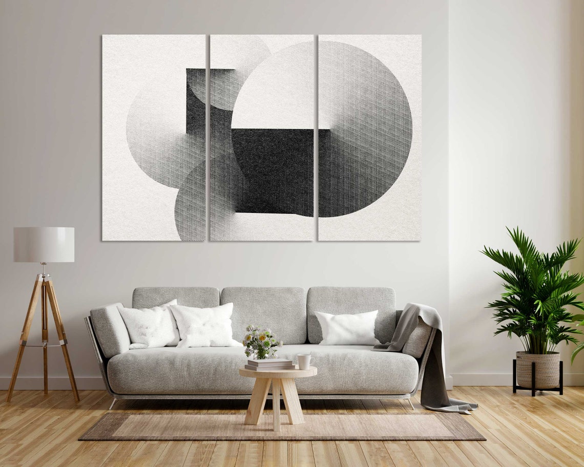 Black And White Geometric Circles Engraving Triptych Abstract Wall Art