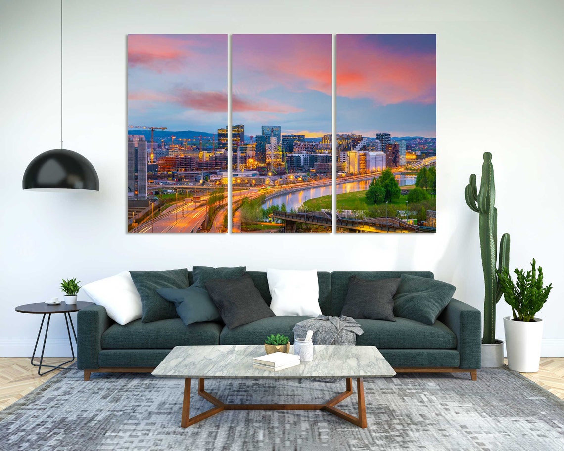 Oslo Norway Night Cityscape With Pink Sunset Sky Harbor Lights Poster - Image 2