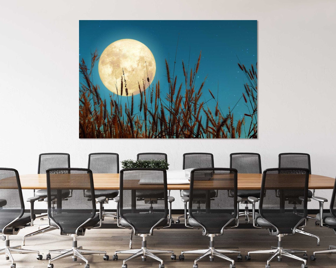 Full Moon Rising Over Tall Grass Field Starry Night Sky Nature Poster - Image 4