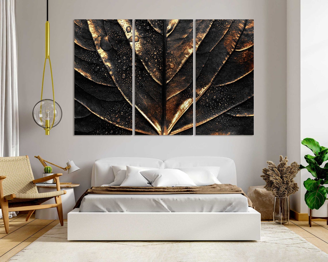 Golden Leaf With Water Droplets Dark Background Botanical Wall Poster - Image 8