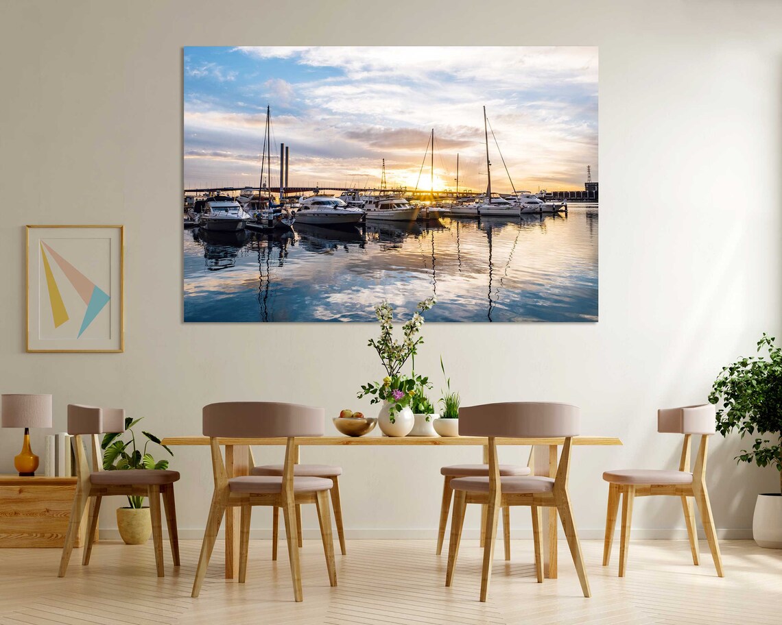 Sunset Marina Harbor Yachts Sailboats Golden Water Reflections Poster