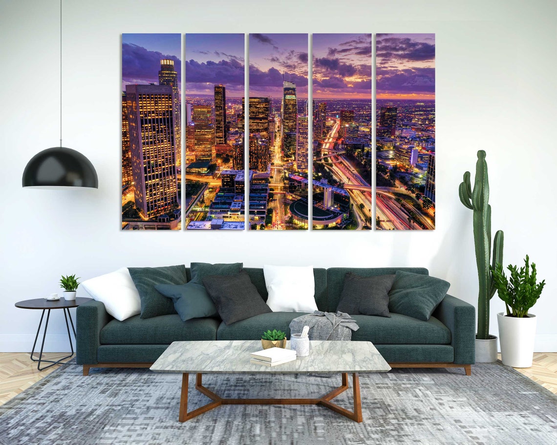 Downtown Los Angeles Night Skyline With City Lights Aerial View Poster - Image 2