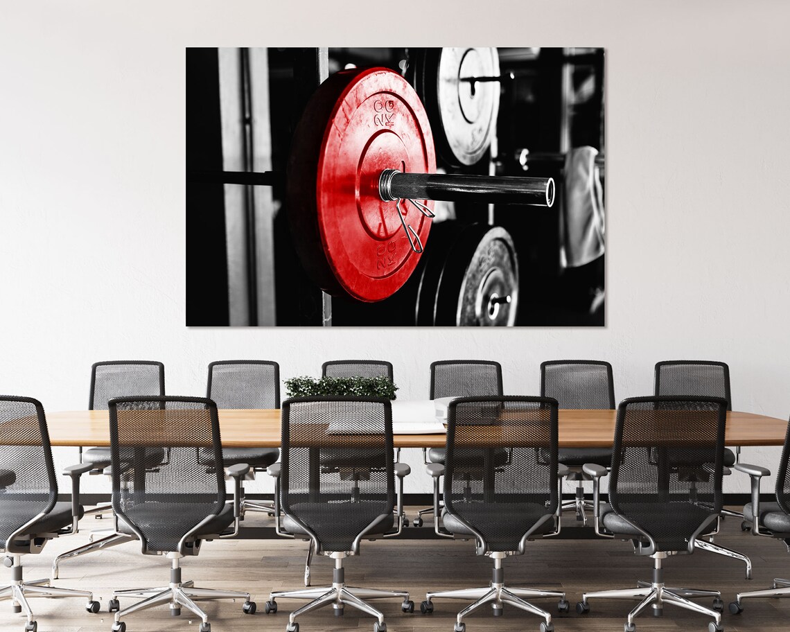 Barbell Red Weight Plate Gym Fitness Strength Training Black White Poster