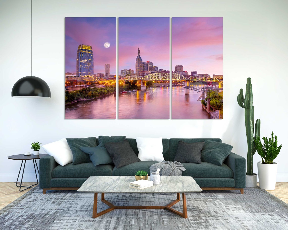 Nashville Skyline Evening with Full Moon Over River Bridges Poster - Image 2