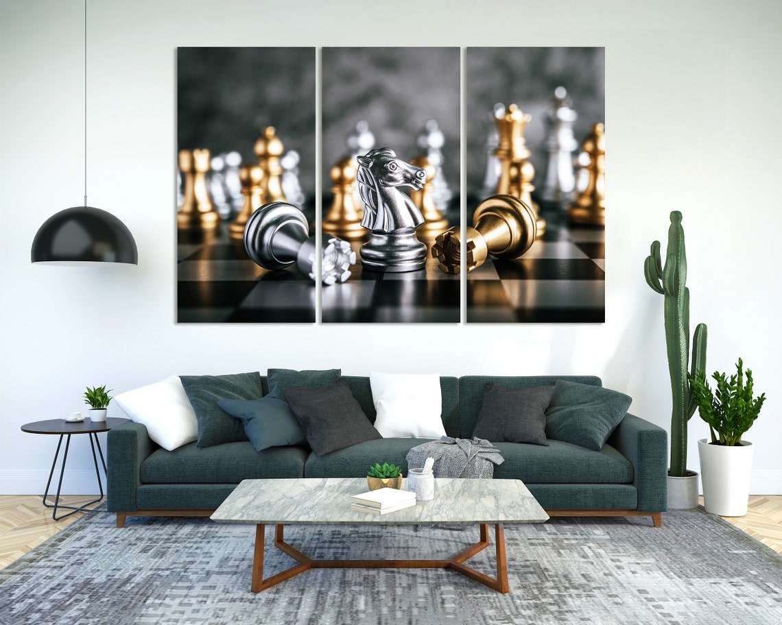 Silver Chess Knight Among Fallen Gold And Silver Pieces Art Print - Image 2