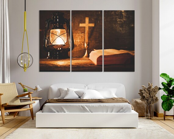 Kerosene Lantern Wooden Cross And Open Bible Warm Light Spiritual Poster