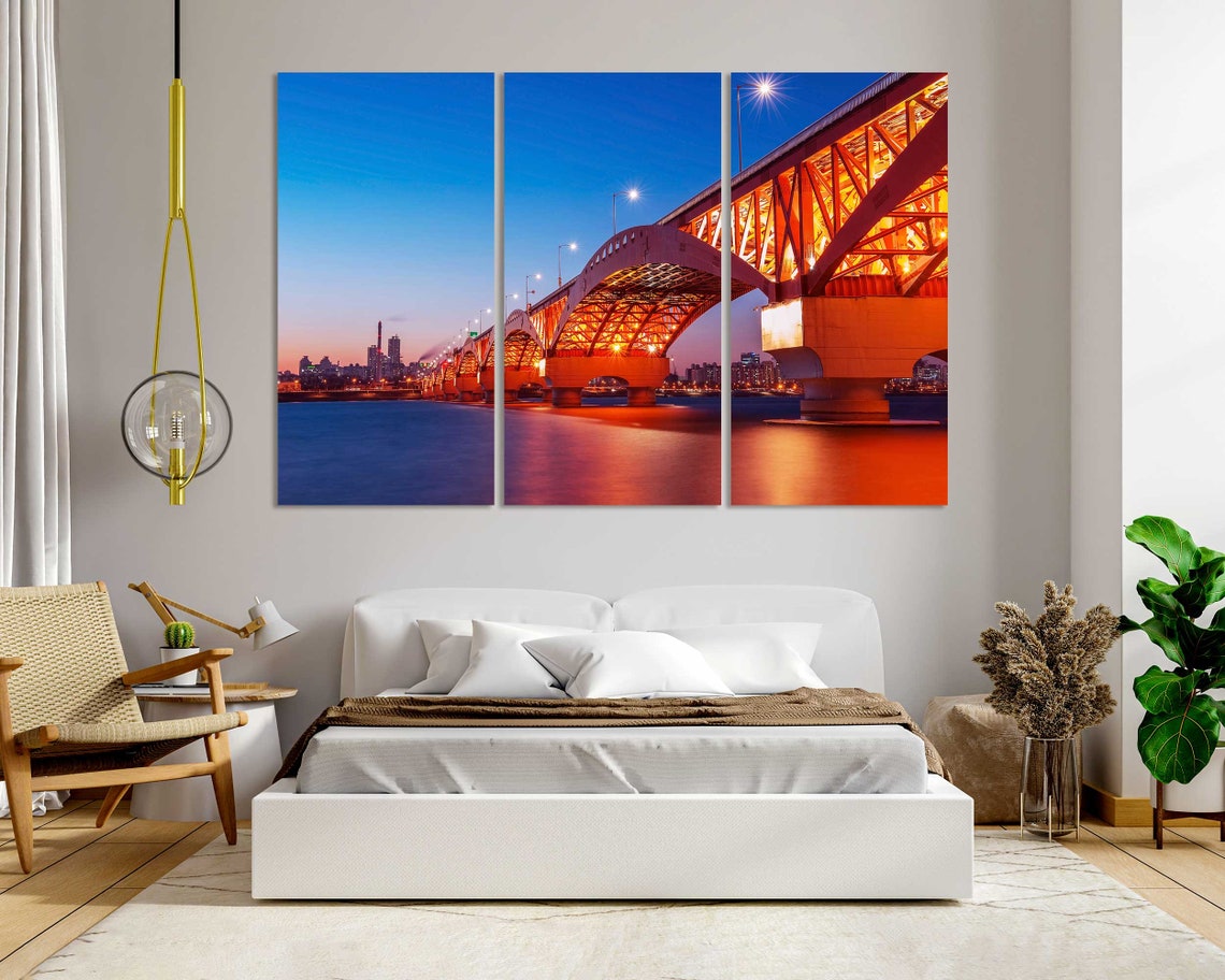 Seoul Seongsan Bridge At Twilight Orange Lights Han River Poster - Image 8