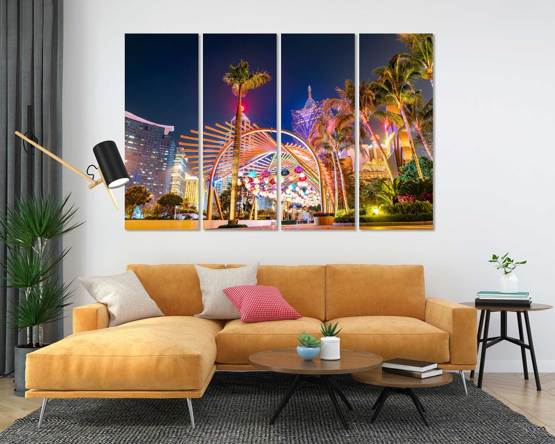 Macau Night Scene with Palm Trees Lit Archway Casino Lights Poster - Image 5