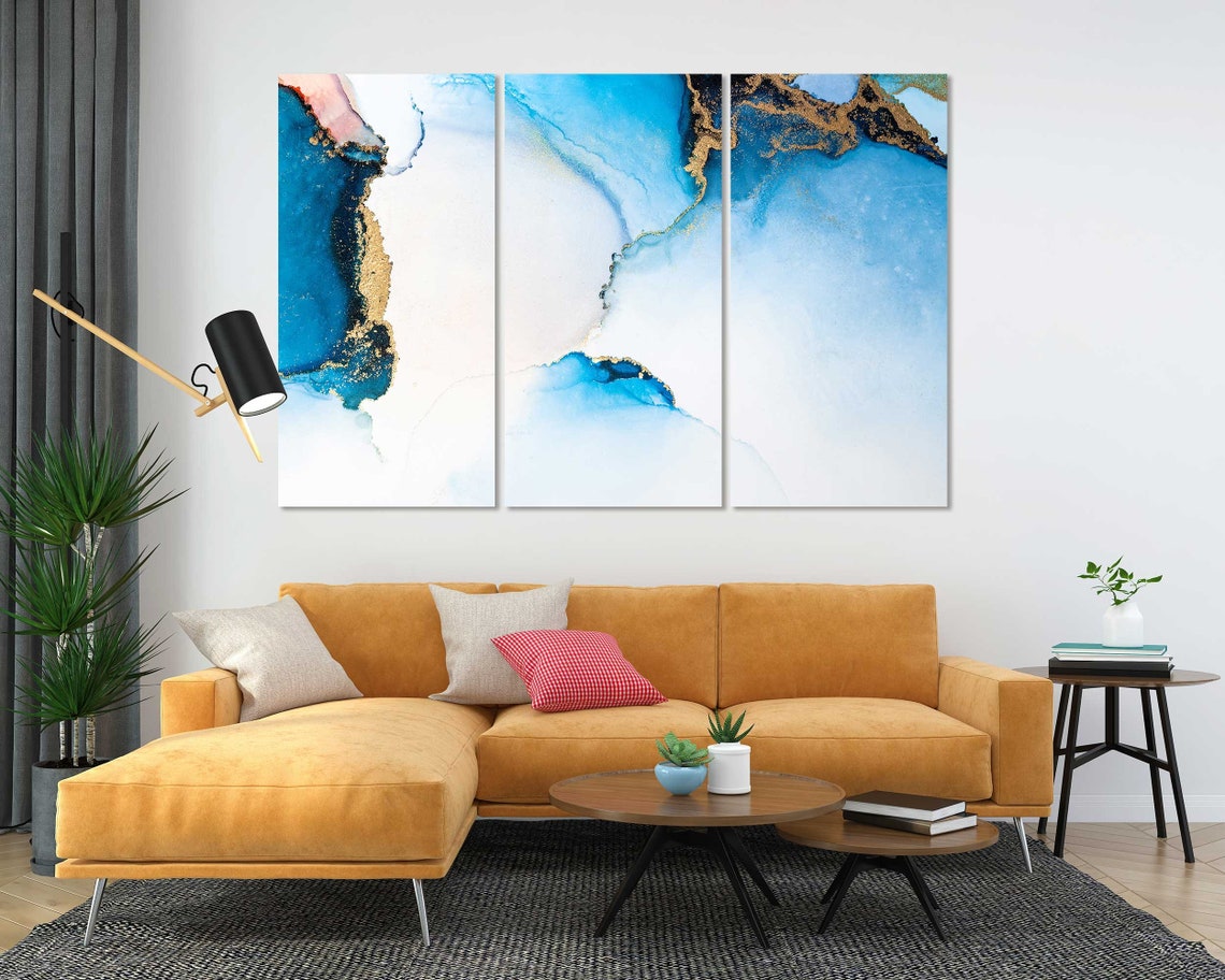 Blue Gold White Marble Watercolor Abstract Modern Luxury Wall Poster - Image 4