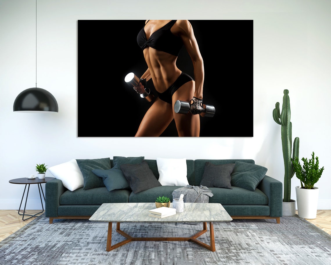 Women With Dumbbells Wall Decoration Gym Modern Art Wall Fitness Motivational Art Wall Woman Body Art On Dumbbells Photo Decor - Image 2