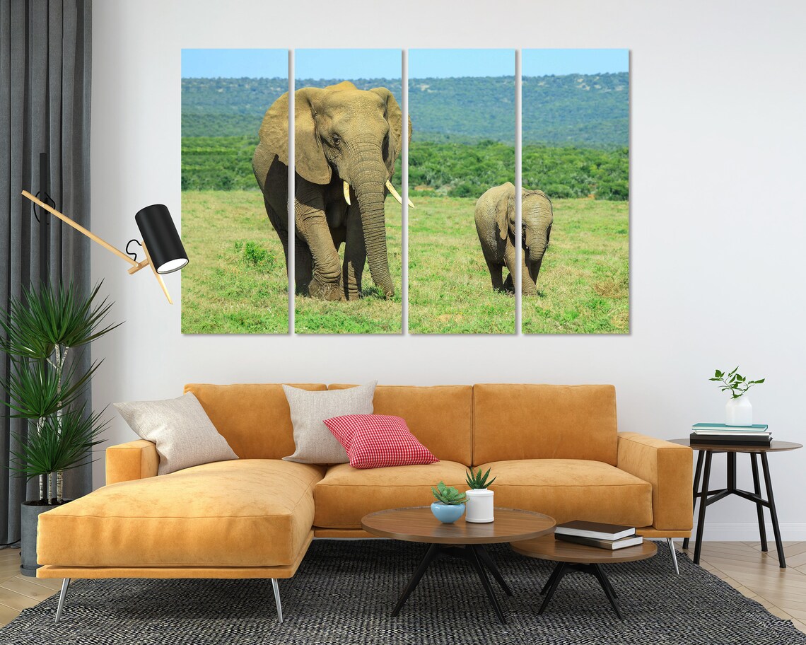 African Elephant Mother Calf Green Savanna Wildlife Safari Wall Decor Poster - Image 5