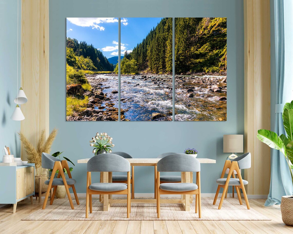 Sunny Landscape For Wall Mountains River Painting On Green Forest Picture Art For Wall Mountain Landscape Printing - Image 3