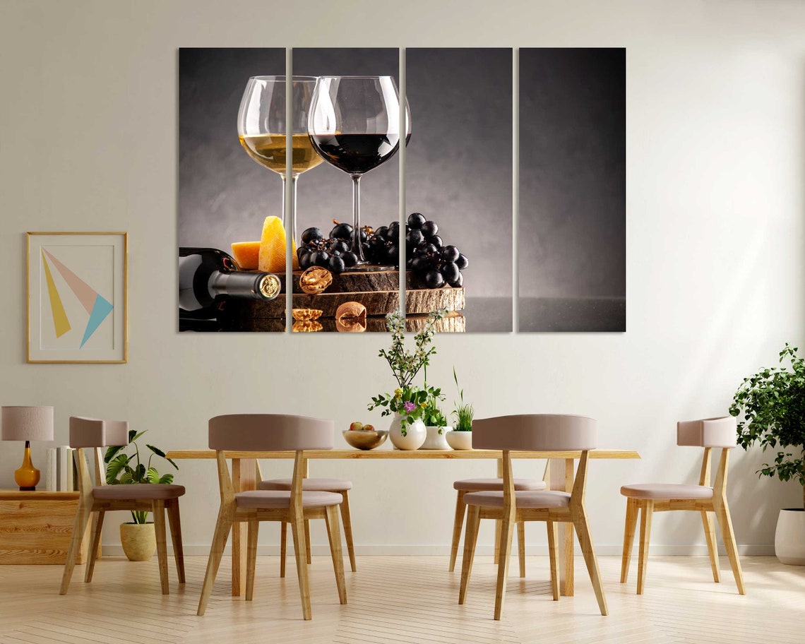 Red White Wine Glasses Grapes Cheese Still Life 4 Panel Wall Art