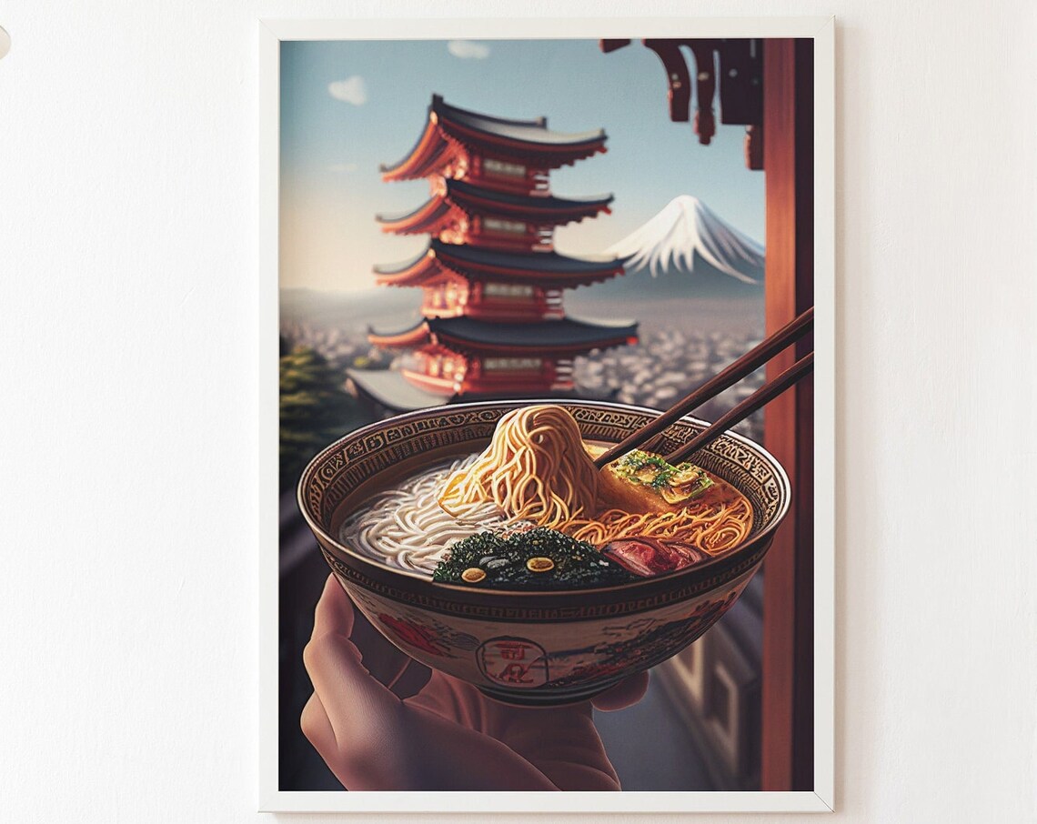 Japanese Ramen Bowl with Mount Fuji and Pagoda Scenic Art Poster