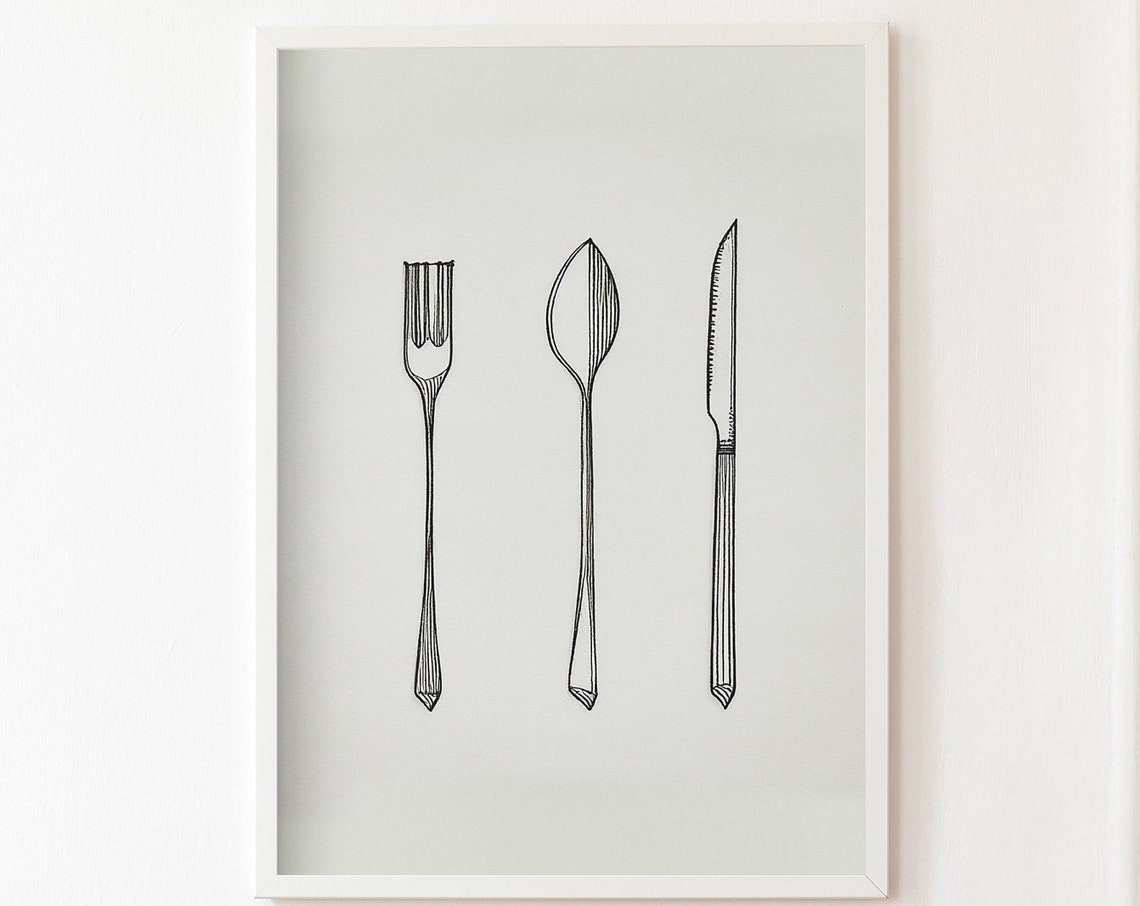 Fork Spoon Knife Minimalist Line Drawing Kitchen Decor Wall Print