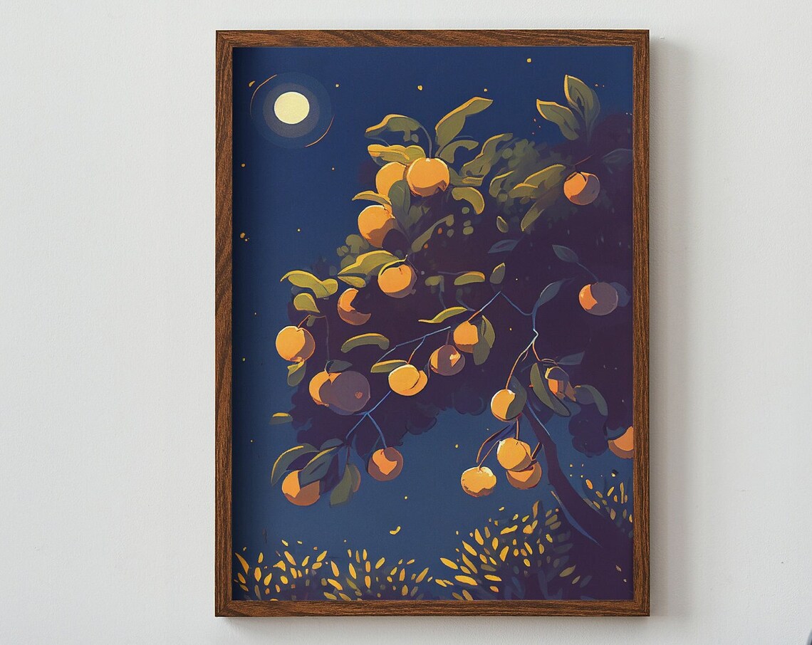Orange Tree Under Moonlight Night Sky Botanical Painting Poster