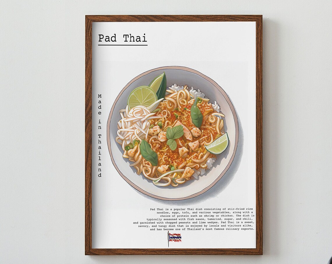 Pad Thai Noodles Recipe Illustration Thai Kitchen Wall Poster