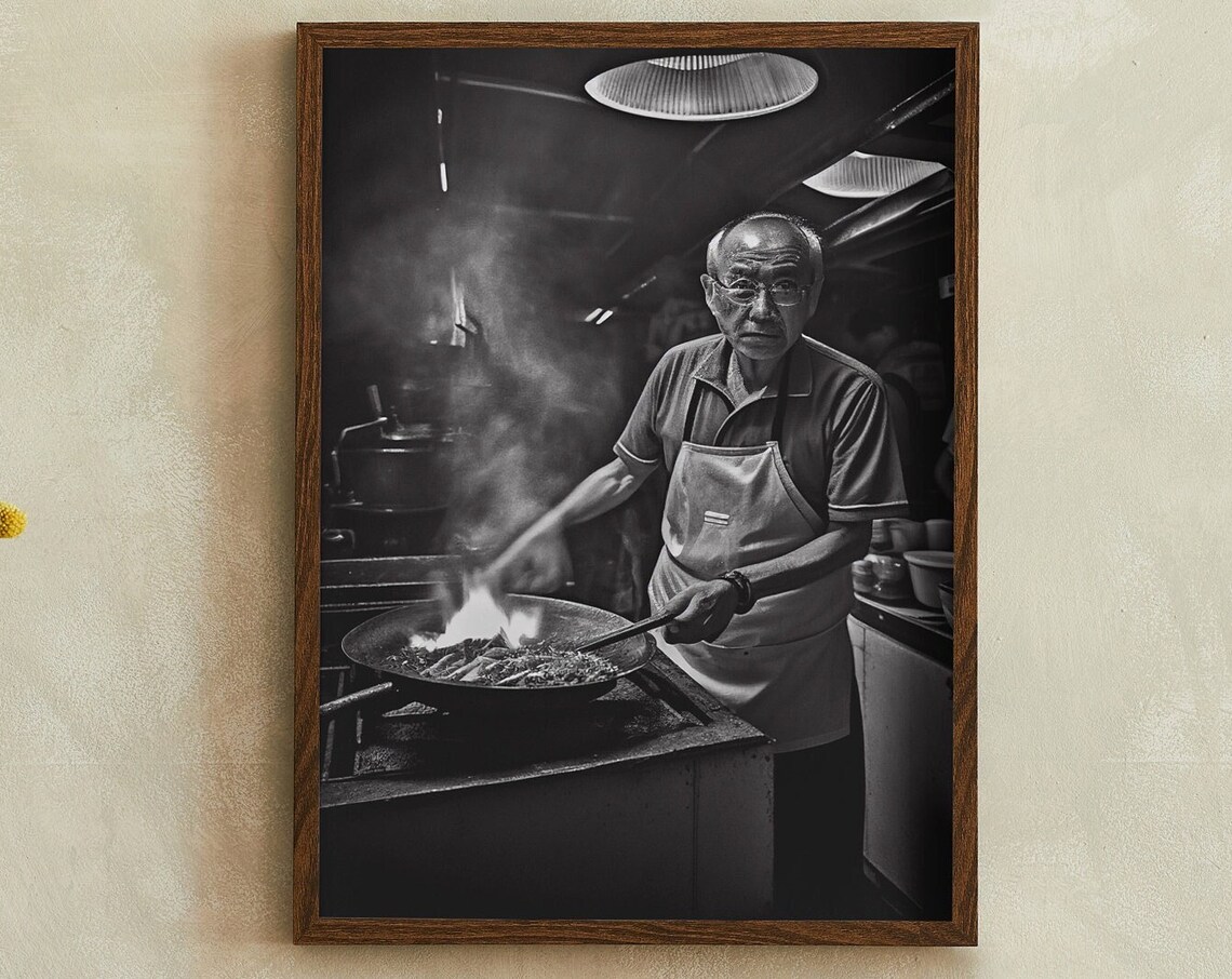 Hawker Chef Wok Cooking Black and White Kitchen Photography Print